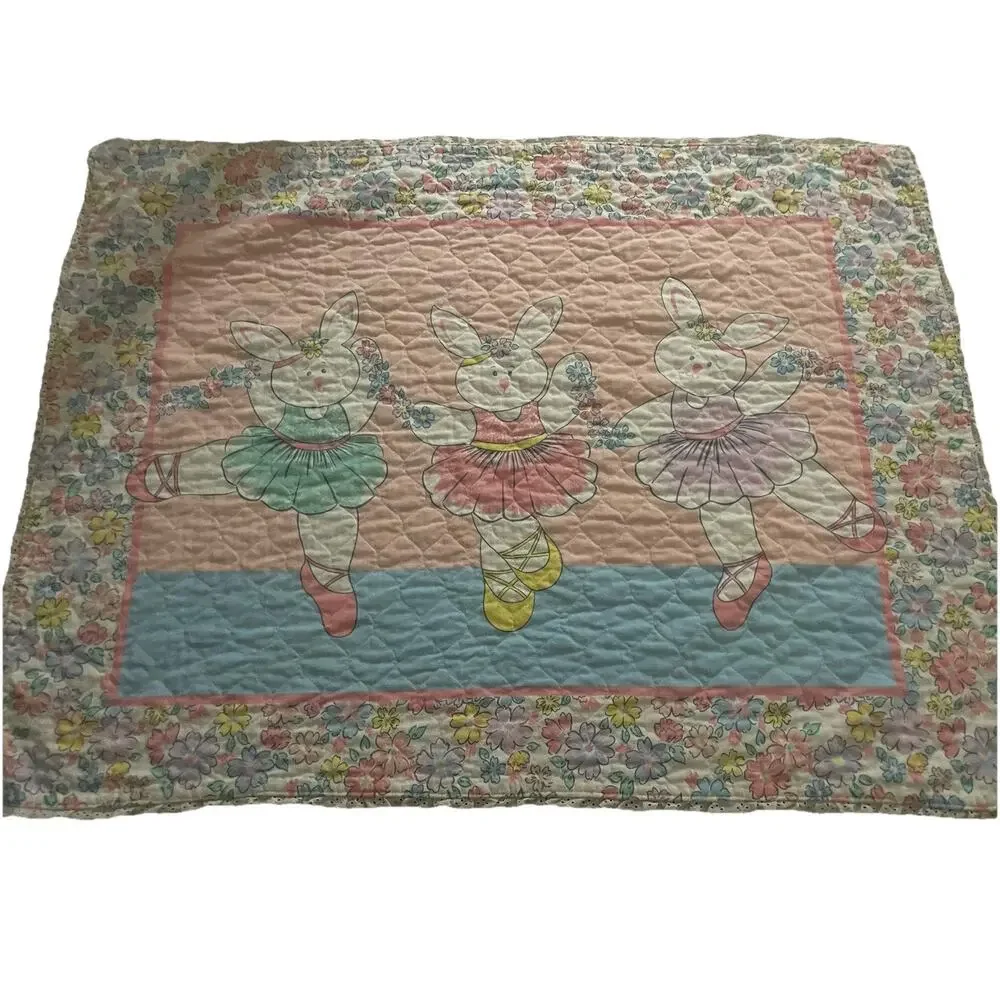 Vintage Handmade Ballerina Bunny Rabbits Pastel Floral Baby Blanket